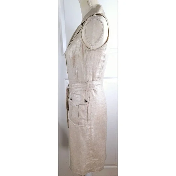 Escada Natural Silver Metallic Button Front Linen Shirt Dress Eu 34 / US XS